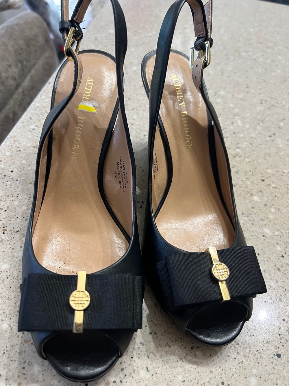 Audrey Brooke Black Peep-Toe Slingback Pumps with Gold Accent